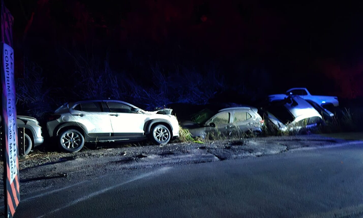 Carreta-cegonha tomba na BR-262 e deixa duas pessoas feridas em São Domingos do Prata