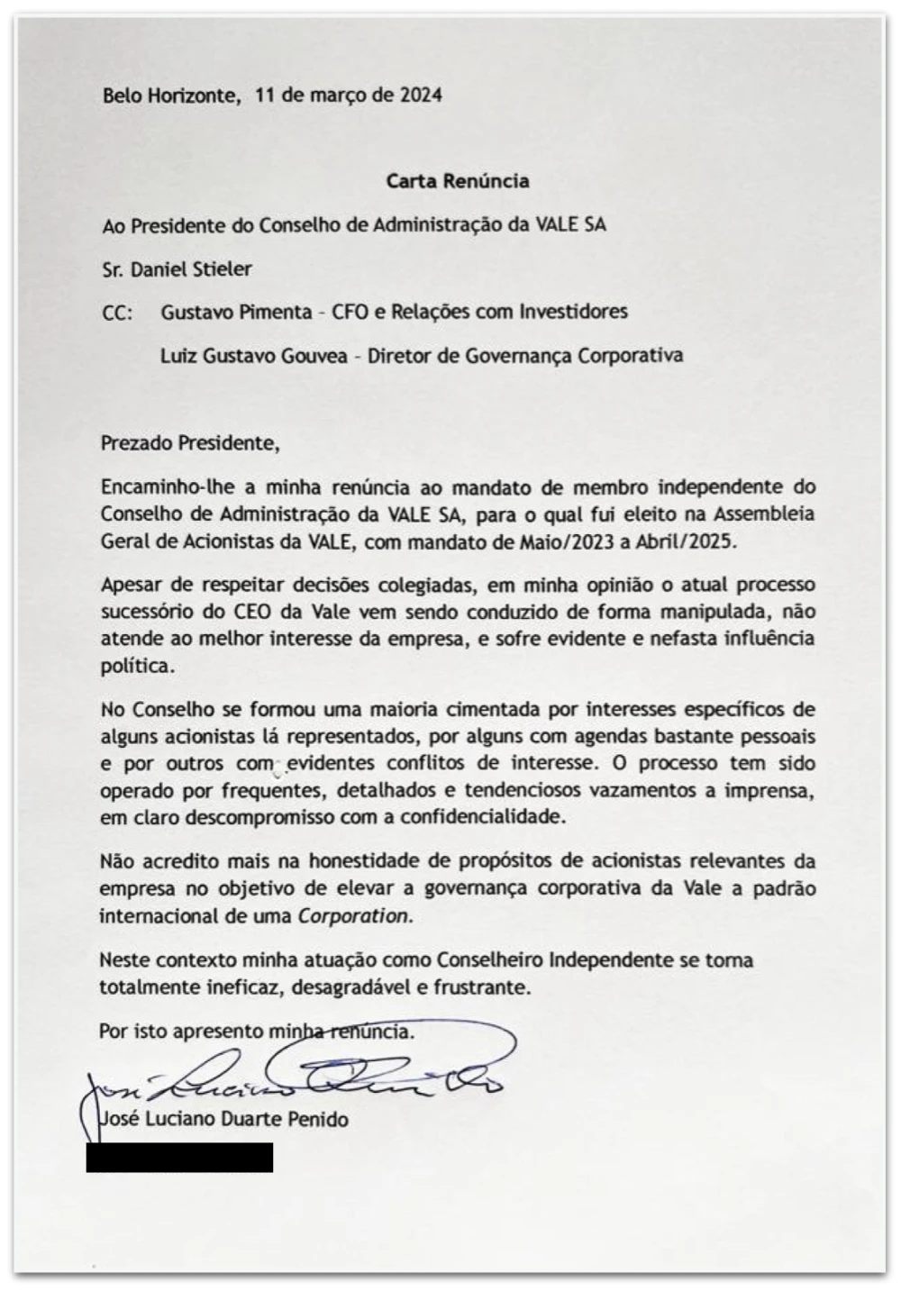 Conselheiro da Vale, itabirano Luciano Penido se demite do cargo com graves denúncias contra o governo federal