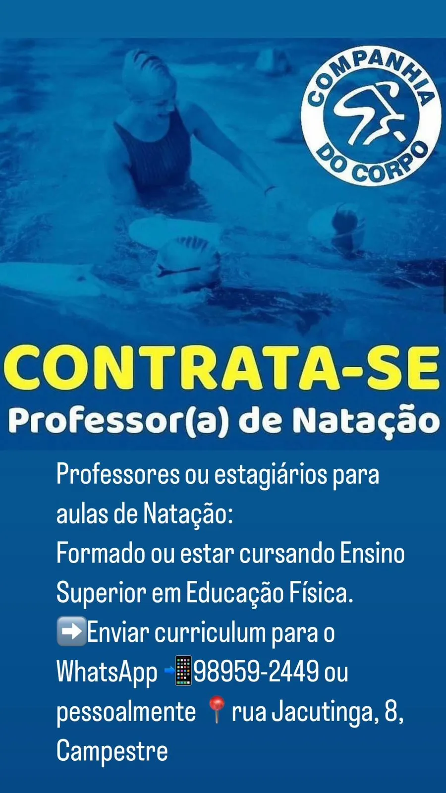 Companhia do Corpo contrata professor ou estagiário para aulas de natação; saiba mais