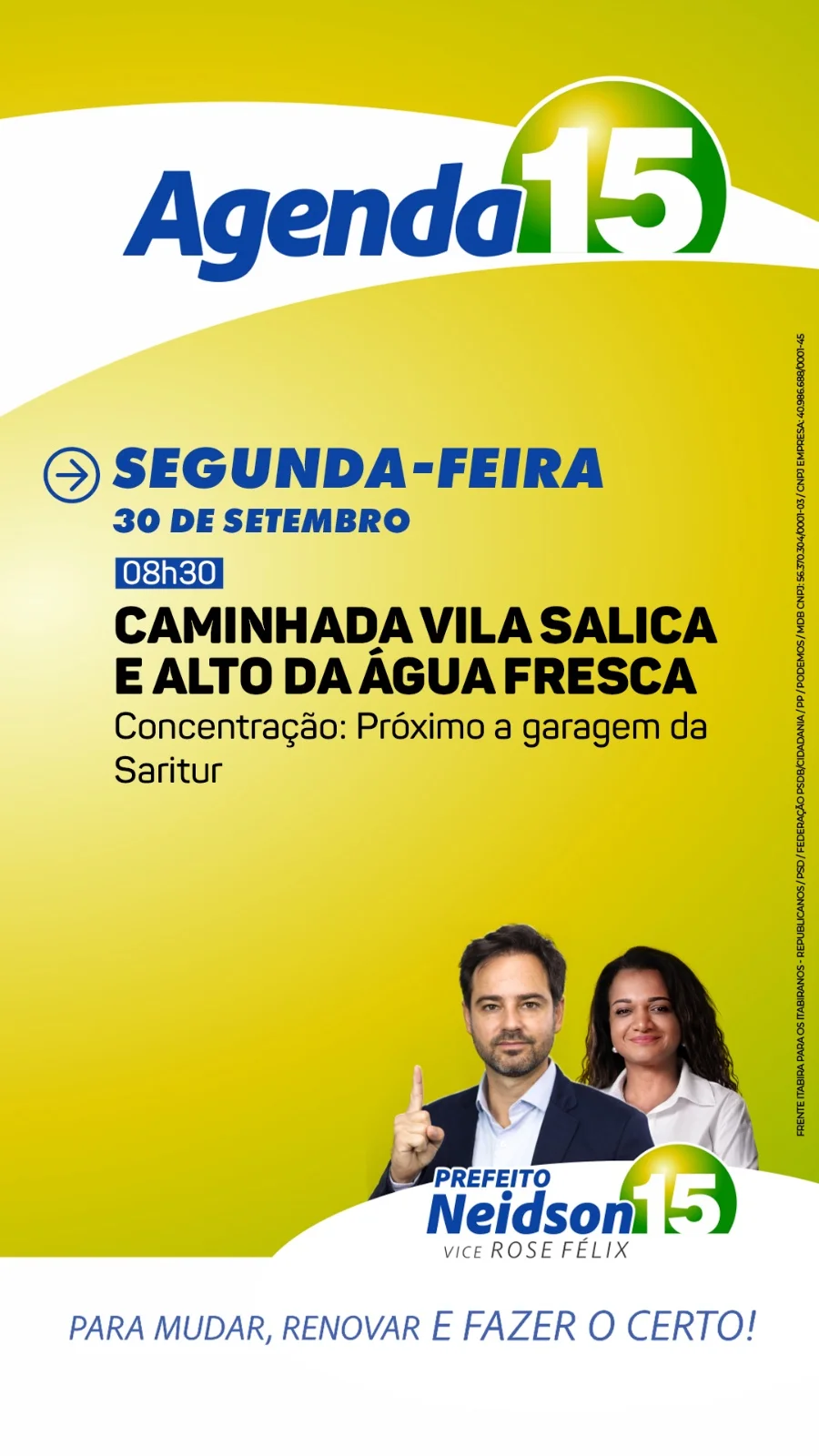 Reta final: confira a agenda do candidato a prefeito de Itabira Neidson Fretias para esta segunda-feira