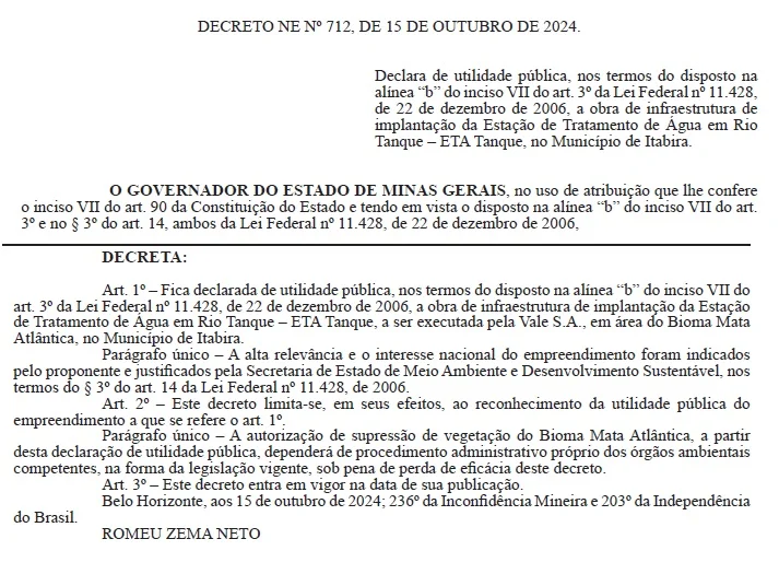 Governo de Minas Gerais declara utilidade pública para obra de transposição do rio Tanque em Itabira