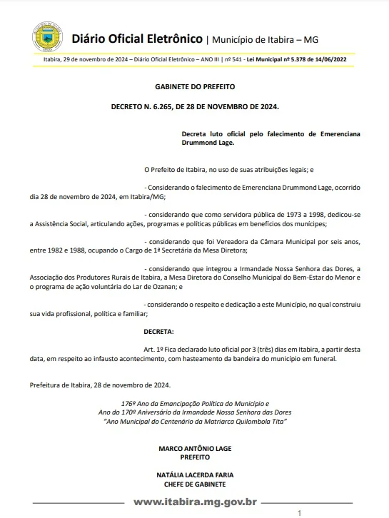 Itabira se despede da ex-vereadora Nitinha Drummond; Prefeitura decreta luto oficial de três dias