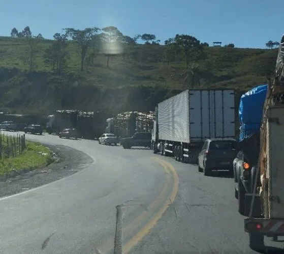 Caminhão carregado com bois tomba na BR-381; motorista é resgatado com ferimentos