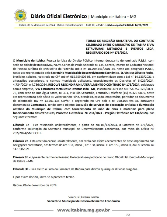 Prefeitura de Itabira rescinde contrato com empresa de decoração natalina por atraso e anuncia nova contratação emergencial