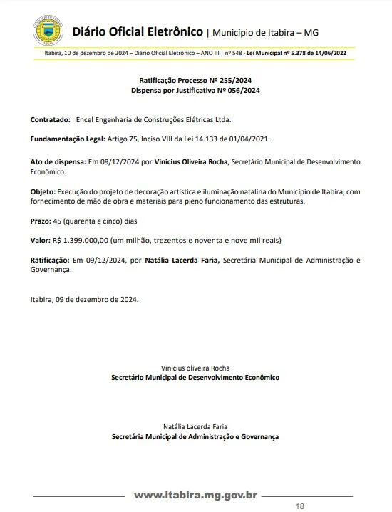 Prefeitura de Itabira rescinde contrato com empresa de decoração natalina por atrasos e anuncia nova contratação emergencial
