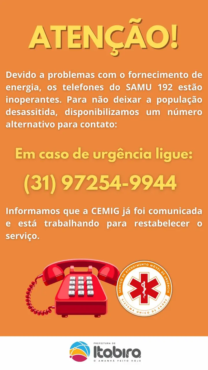 Telefone do Samu fica inoperante em Itabira devido a queda de energia