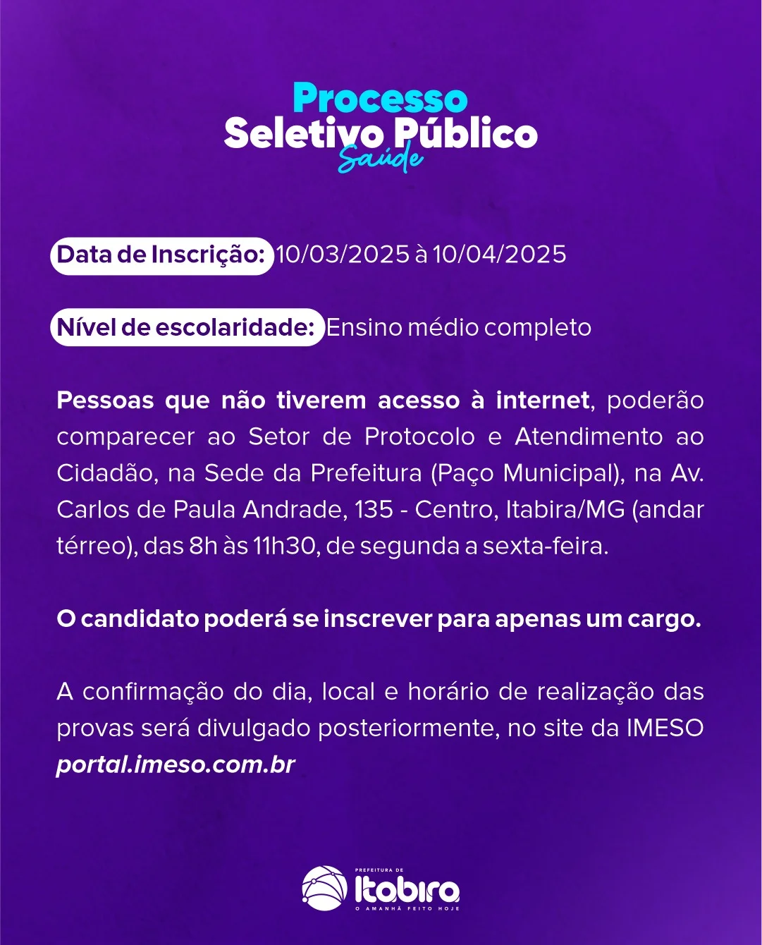 Processo Seletivo Público da Prefeitura de Itabira oferece 39 vagas para ACE e ACS; saiba mais