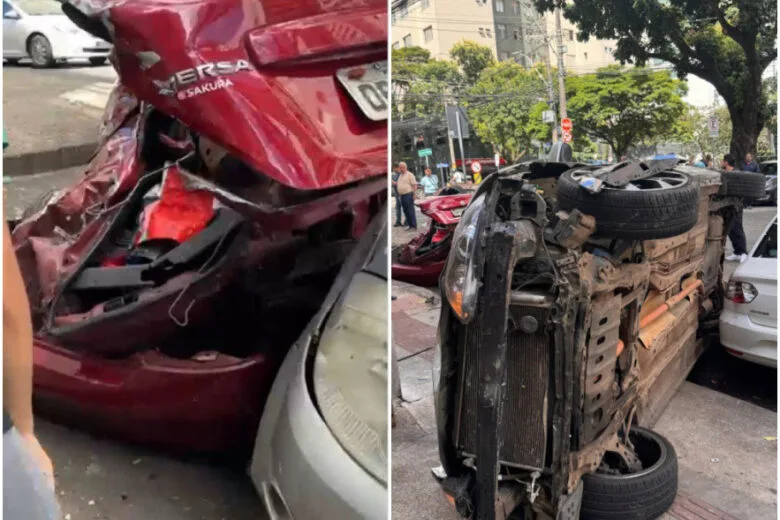 Motorista perde controle de carro, capota e bate em outros três veículos na Savassi, em BH