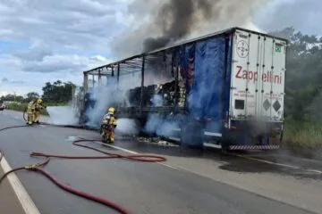 Caminhão carregado com trigo pega fogo na BR-040 e causa congestionamento