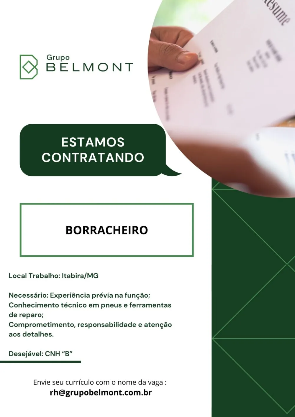 Belmont contrata borracheiro em Itabira; saiba mais