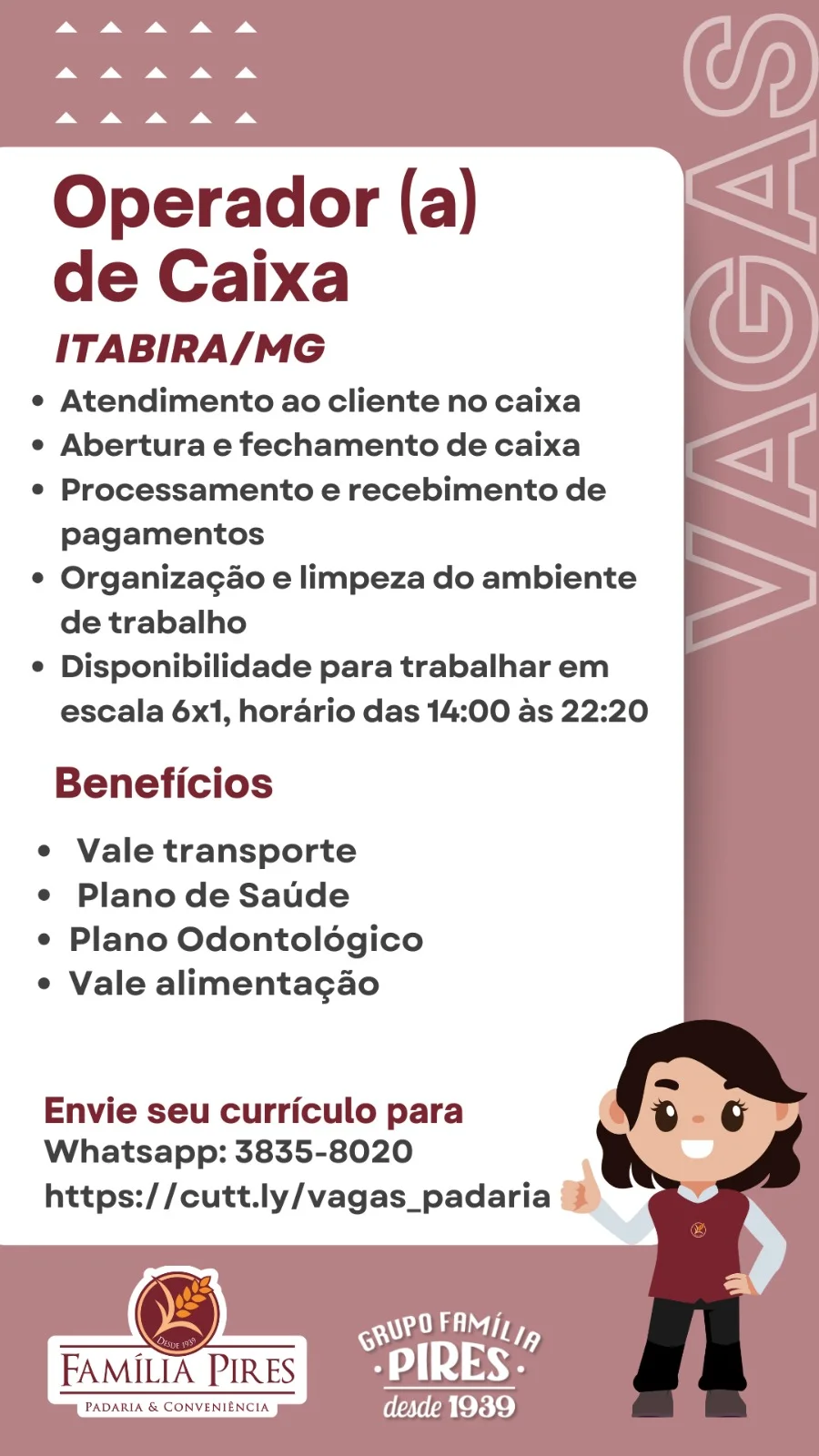 Confira as vagas abertas das empresas do Grupo Família Pires: Clubpetro, Posto Pires, Padaria Família Pires e Premium Executive Hotel