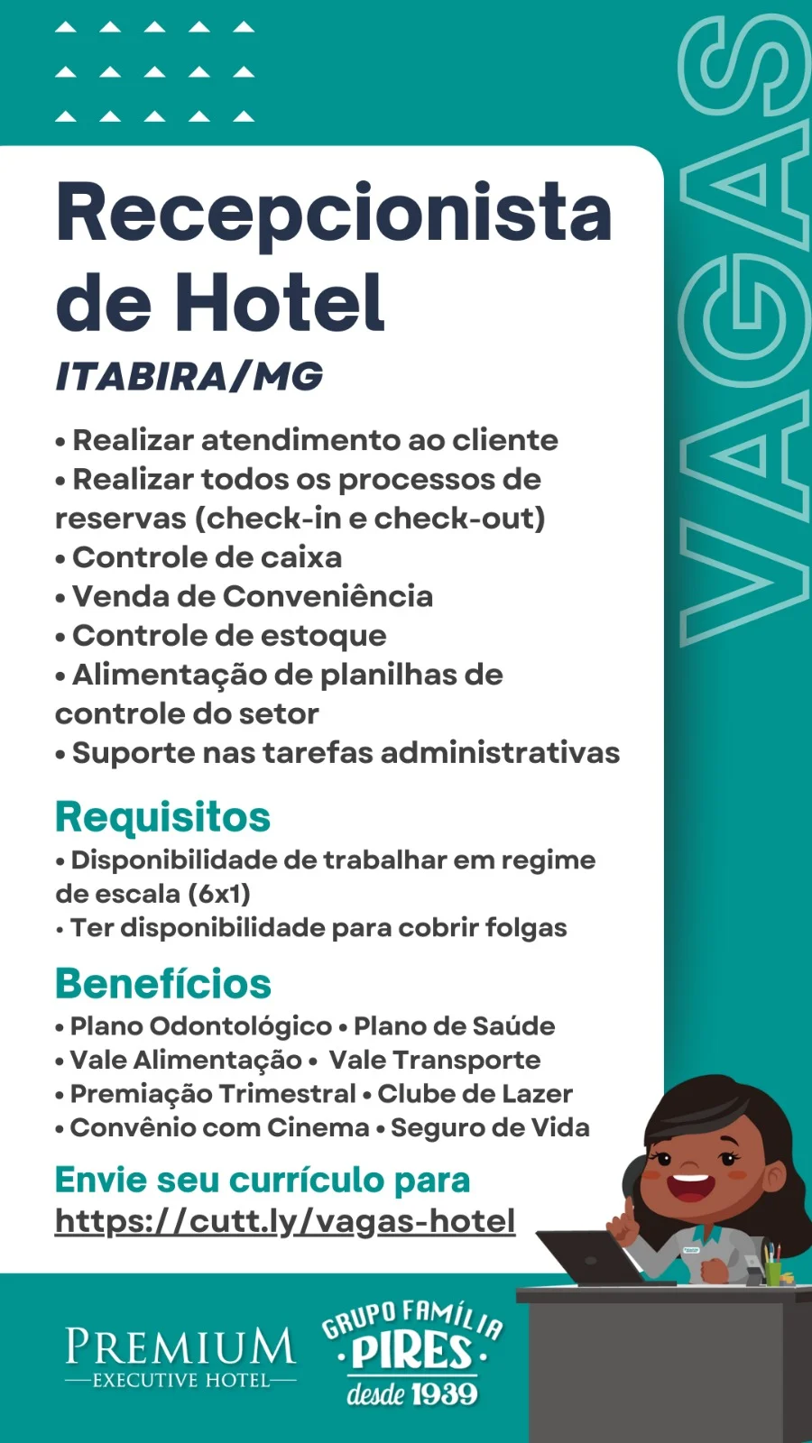 Confira as vagas abertas das empresas do Grupo Família Pires: Clubpetro, Posto Pires, Padaria Família Pires e Premium Executive Hotel