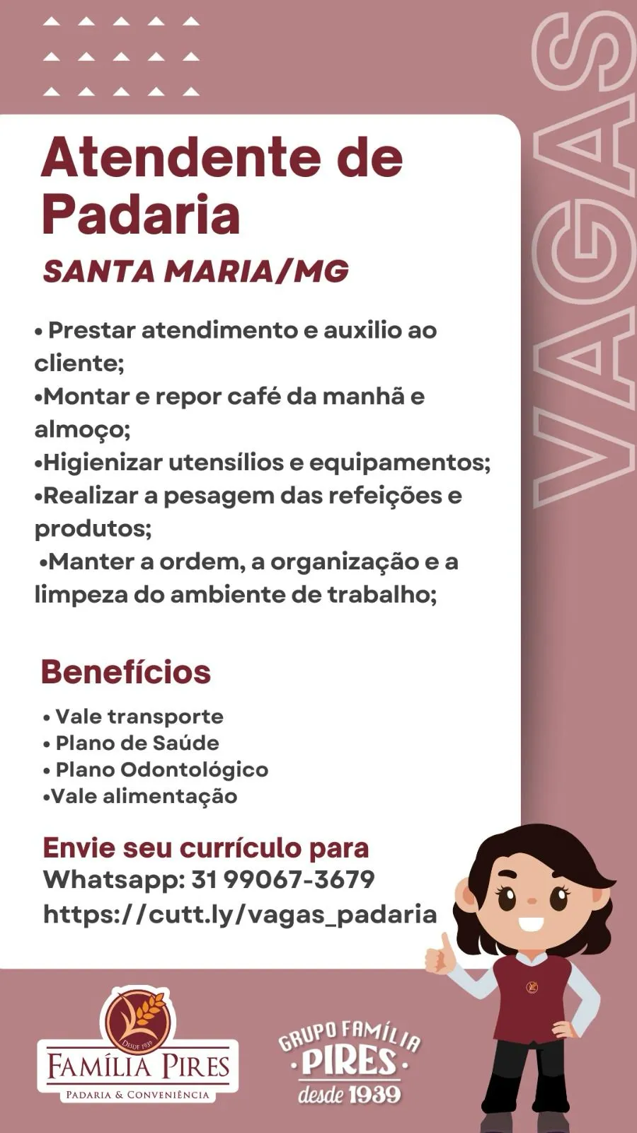 Confira as vagas abertas das empresas do Grupo Família Pires: Clubpetro, Posto Pires, Padaria Família Pires e Premium Executive Hotel