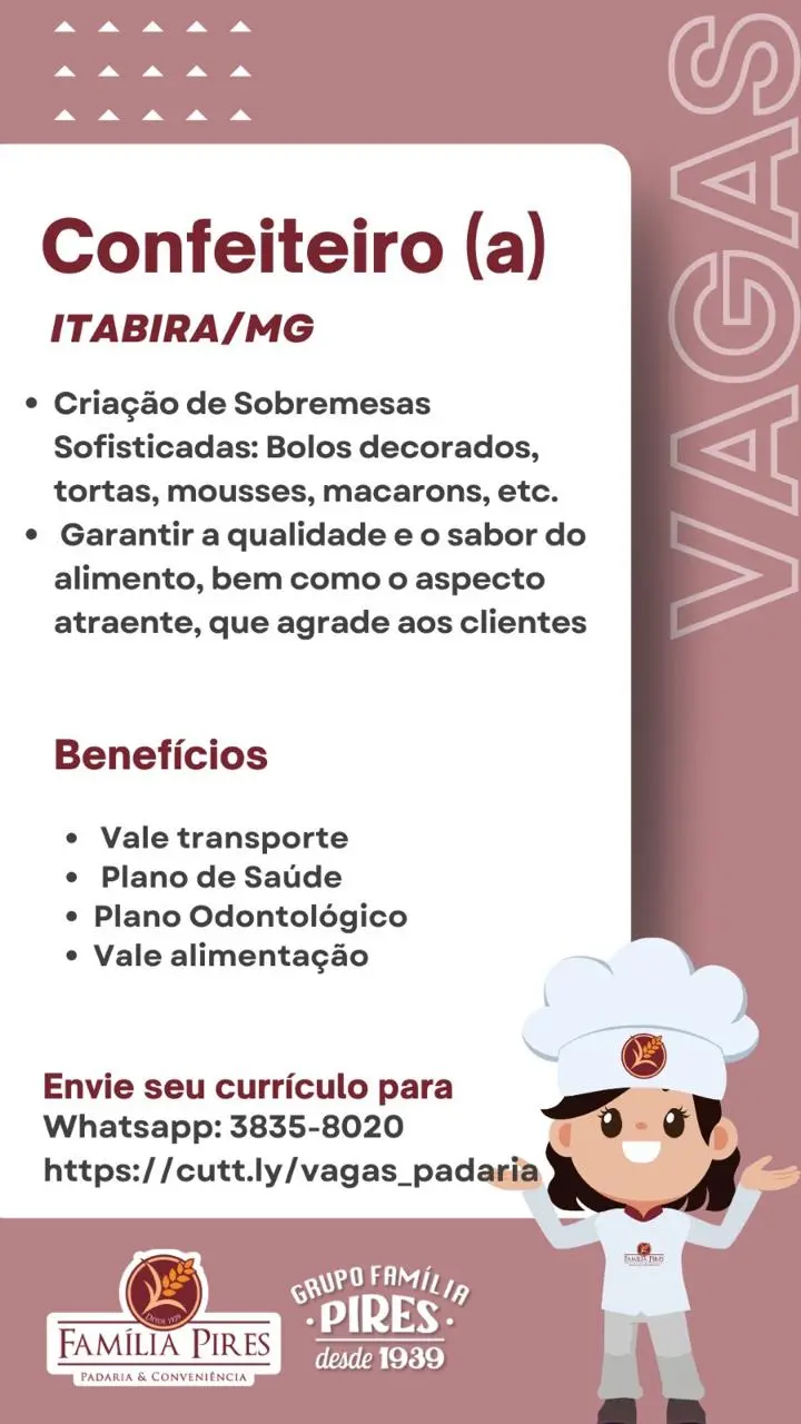 Confira as vagas abertas das empresas do Grupo Família Pires: Clubpetro, Posto Pires, Padaria Família Pires e Premium Executive Hotel