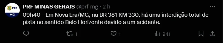 Nova Era: caminhão com carga de frutas tomba e interdita BR-381 no sentido Belo Horizonte