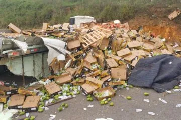 Nova Era: caminhão com carga de frutas tomba e interdita BR-381 no sentido Belo Horizonte