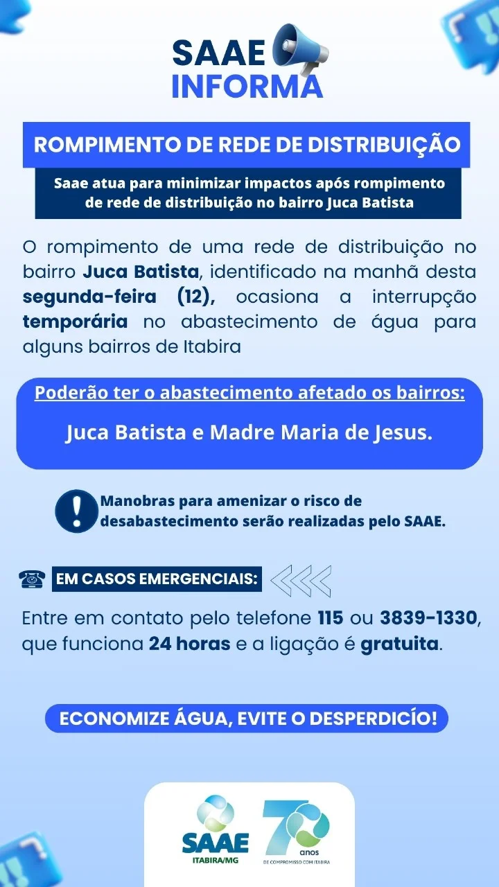 Rompimento de rede afeta abastecimento de água em dois bairros de Itabira