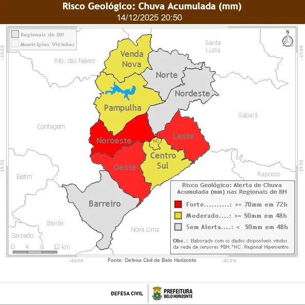 Defesa Civil emite novo alerta geológico forte após chuvas intensas em Belo Horizonte