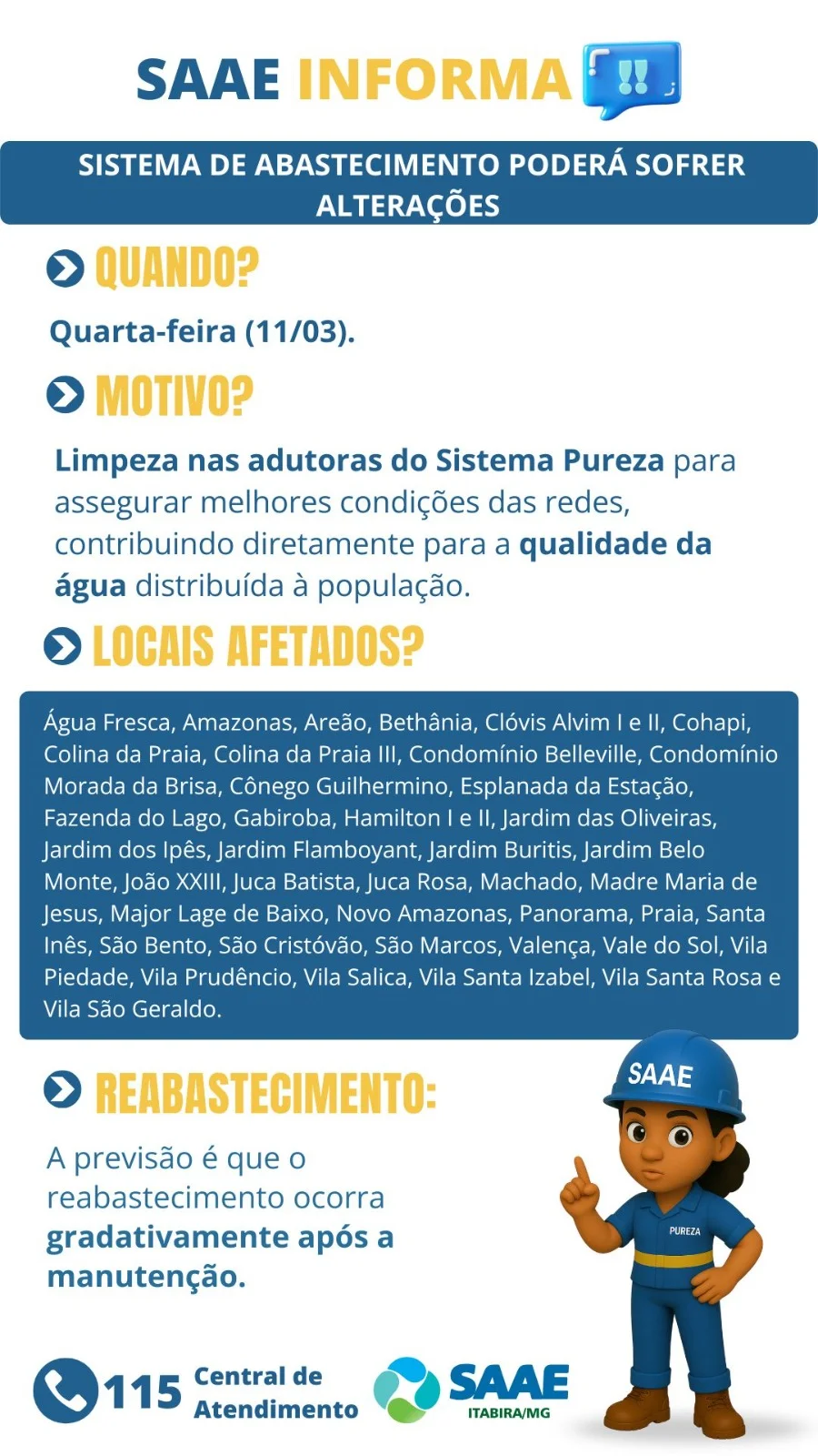 Limpeza de adutoras altera abastecimento de água em Itabira nesta quarta-feira; saiba os bairros afetados