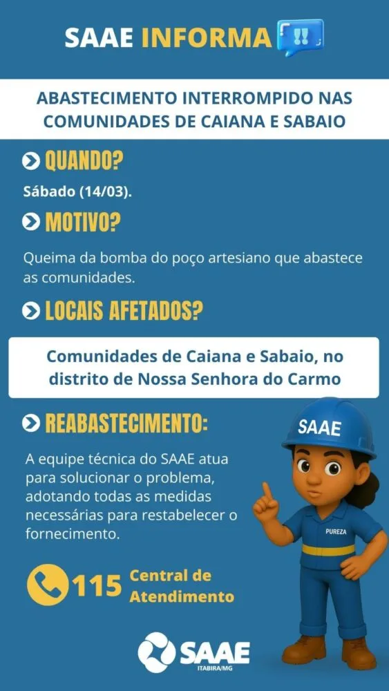 Queima de bomba em poço artesiano afeta abastecimento em Caiana e Sabiao, informa SAAE