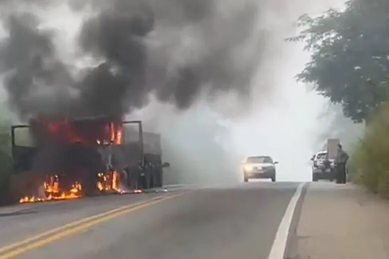 Carreta pega fogo na BR-262, em São Domingos do Prata