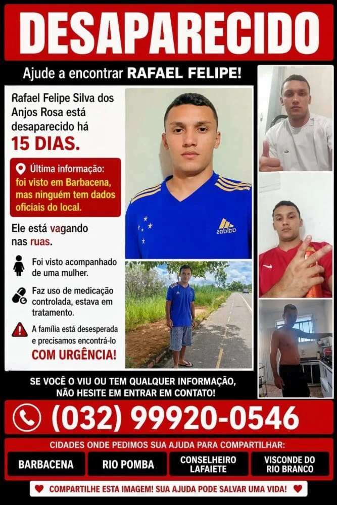 Família procura jovem de 21 anos desaparecido Barbacena e pede ajuda da população; saiba mais 
