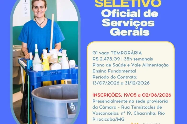 Câmara Municipal de Rio Piracicaba abre processo seletivo para contratação temporária de Oficial de Serviços Gerais
