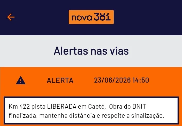Trânsito é liberado na BR-381 após conclusão de obras do DNIT em Caeté