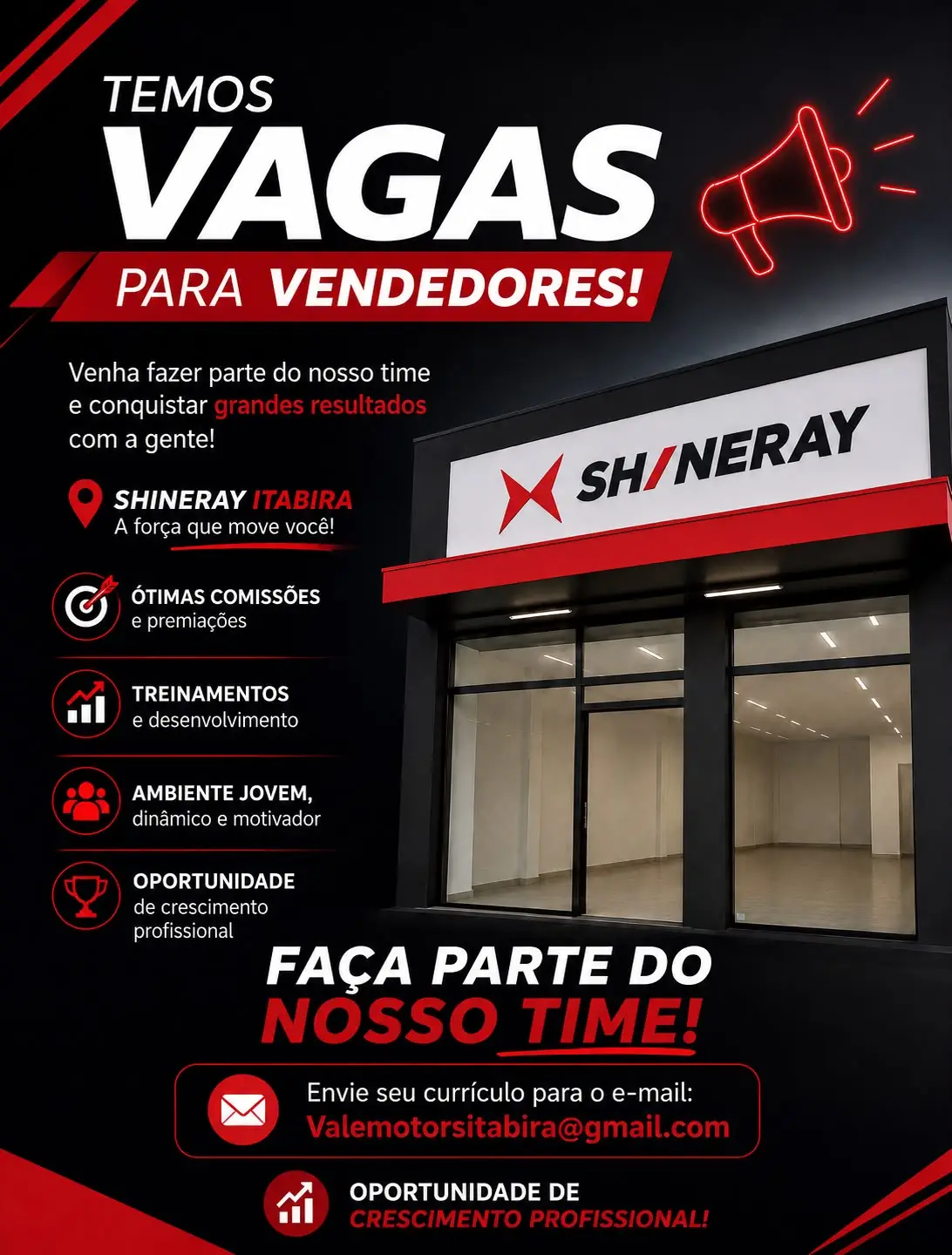 Shineray Itabira oferece novas oportunidades de emprego para profissionais da área de vendas